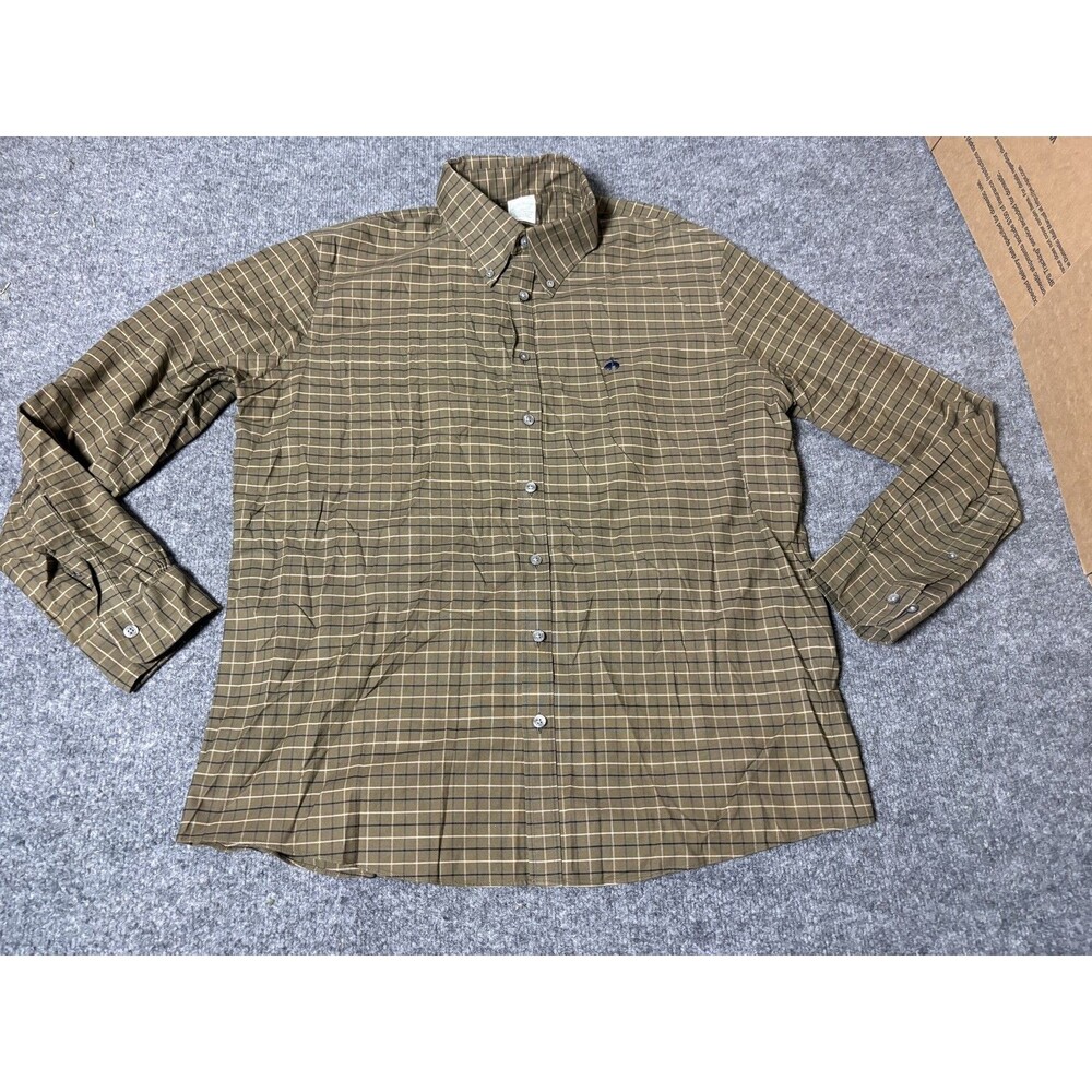 Brooks Brothers Dress Shirt Mens XL Brown Check Milano Slim Non Iron Stretch LS